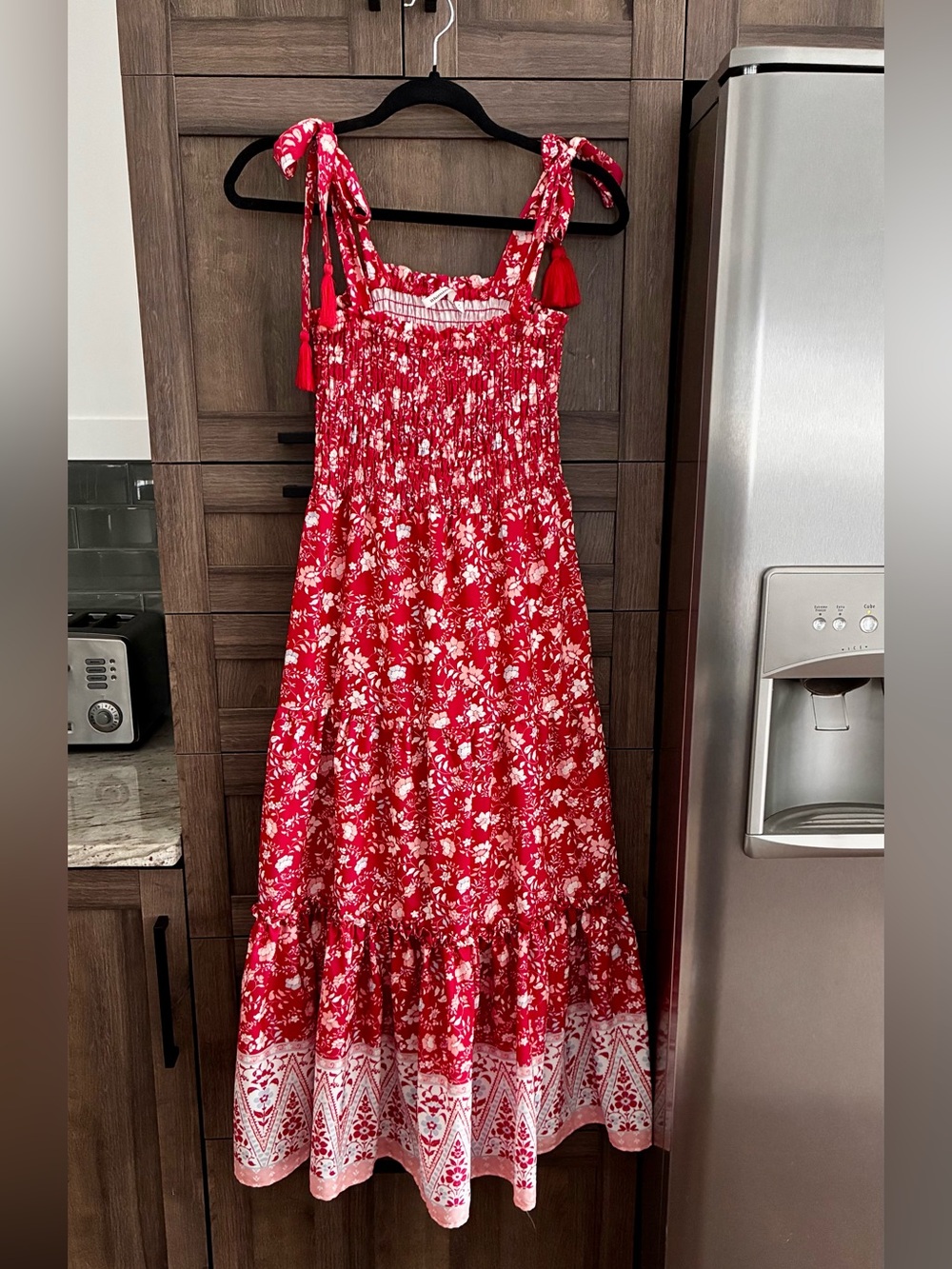 Red Floral Maxi Dress with Tie Shoulder Straps